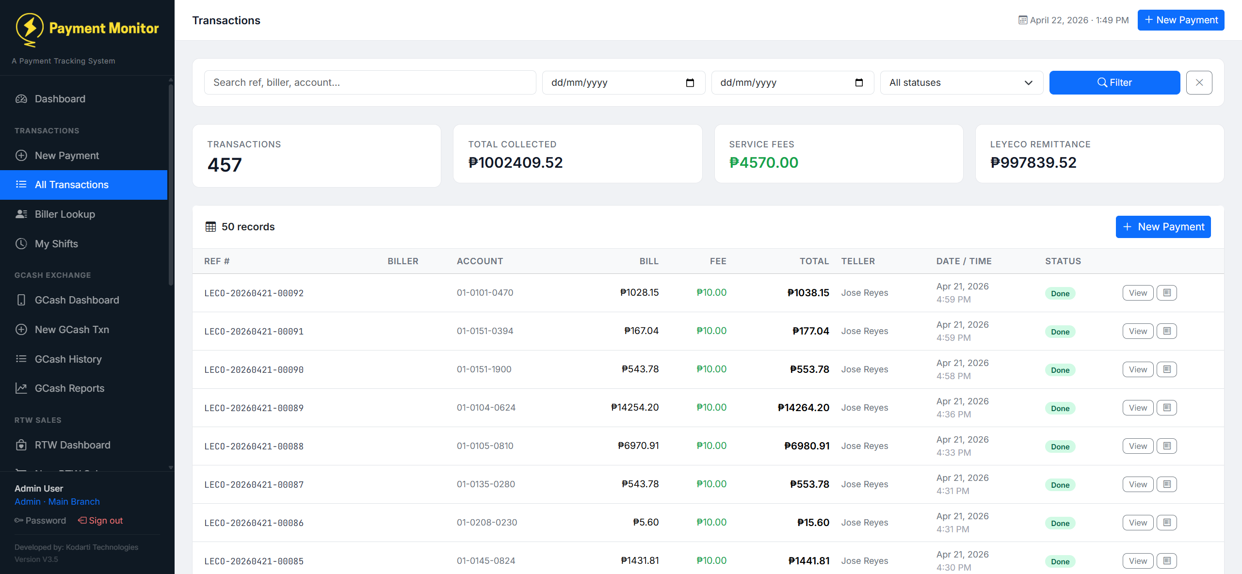 Dashboard | PaymentCenter LEYECO